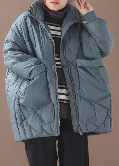 Luxury green duck down coat plus size clothing stand collar down jacket zippered Elegant overcoat - SooLinen