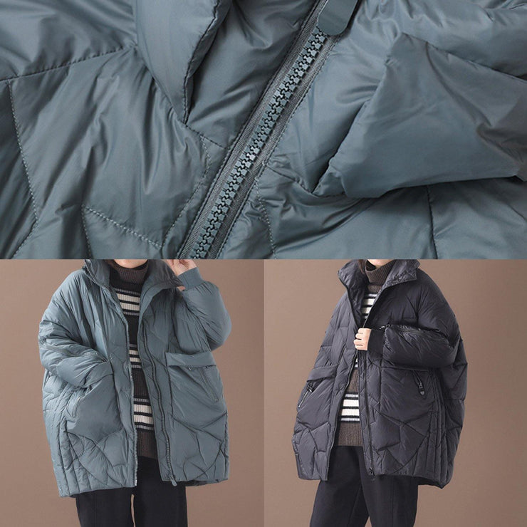 Luxury green duck down coat plus size clothing stand collar down jacket zippered Elegant overcoat - SooLinen