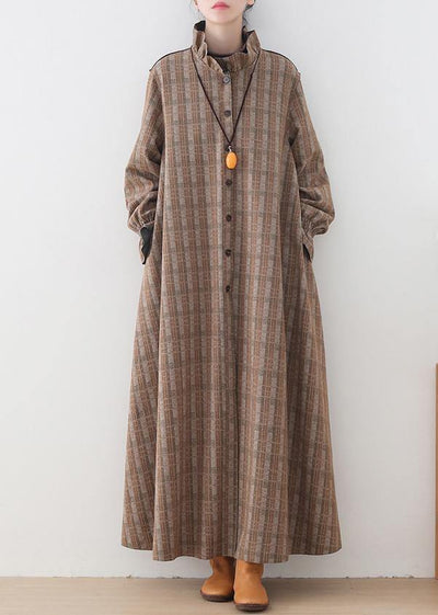 Luxury khaki plaid Wool jackets trendy plus size mid-length coats stand collar Button Down coat - SooLinen