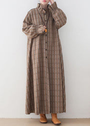 Luxury khaki plaid Wool jackets trendy plus size mid-length coats stand collar Button Down coat - SooLinen
