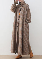 Luxury khaki plaid Wool jackets trendy plus size mid-length coats stand collar Button Down coat - SooLinen