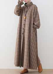 Luxury khaki plaid Woolen Coats plus size medium length jackets pockets Button Downwinter coat - SooLinen