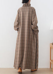 Luxury khaki plaid Woolen Coats plus size medium length jackets pockets Button Downwinter coat - SooLinen