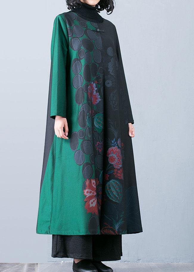 Luxury plus size maxi coat fall trench coats green prints o neck overcoat - SooLinen