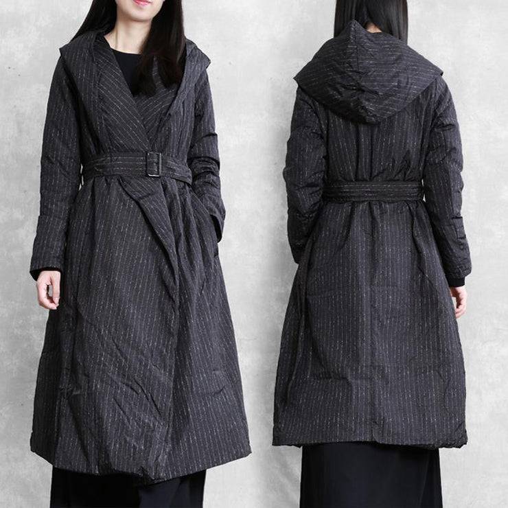 Luxury plus size womens parka coats black striped hooded tie waist down jacket woman - SooLinen