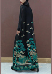Modern Black Embroidery Dresses Stand Collar Patchwork Tulle Vestidos De Lino Spring Dress - SooLinen