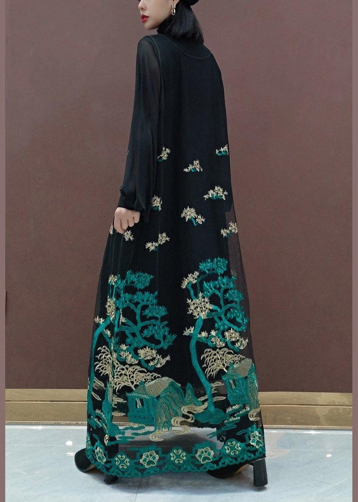 Modern Black Embroidery Dresses Stand Collar Patchwork Tulle Vestidos De Lino Spring Dress - SooLinen