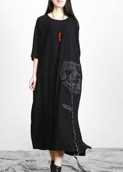 Modern Black O-Neck Side open Fall Dress - SooLinen