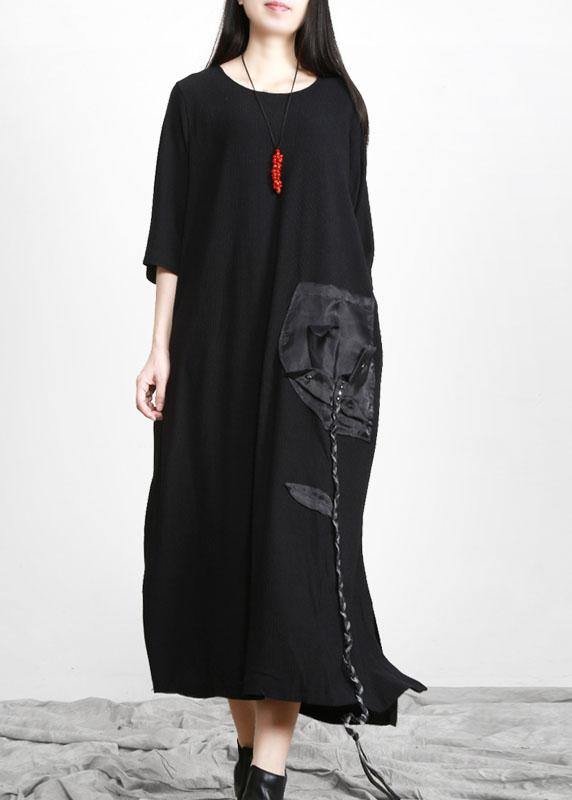 Modern Black O-Neck Side open Fall Dress - SooLinen