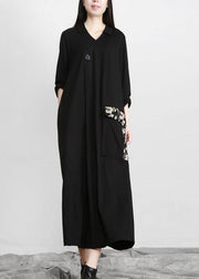 Modern Black Patchwork Print V Neck Pockets Fall Dresses - SooLinen
