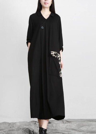 Modern Black Patchwork Print V Neck Pockets Fall Dresses - SooLinen