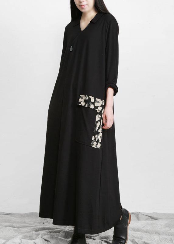Modern Black Patchwork Print V Neck Pockets Fall Dresses - SooLinen