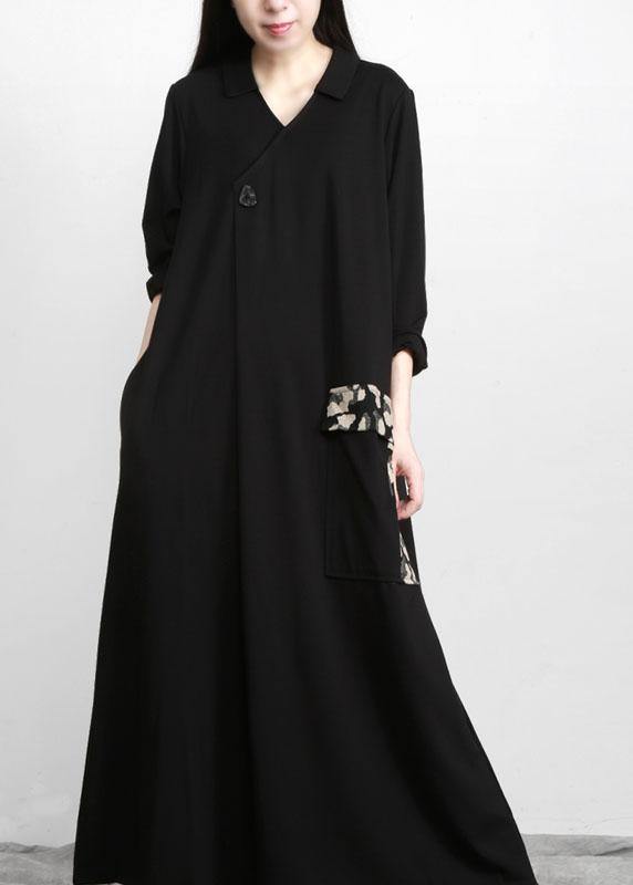 Modern Black Patchwork Print V Neck Pockets Fall Dresses - SooLinen