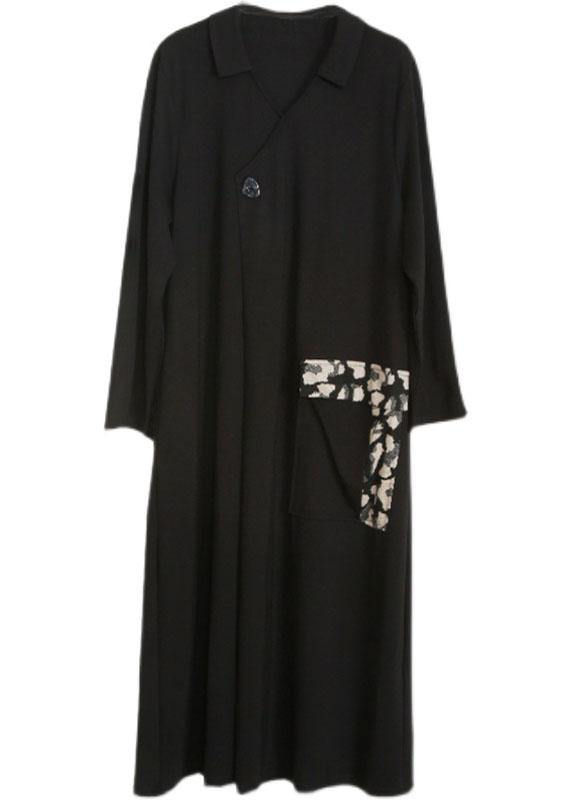 Modern Black Patchwork Print V Neck Pockets Fall Dresses - SooLinen