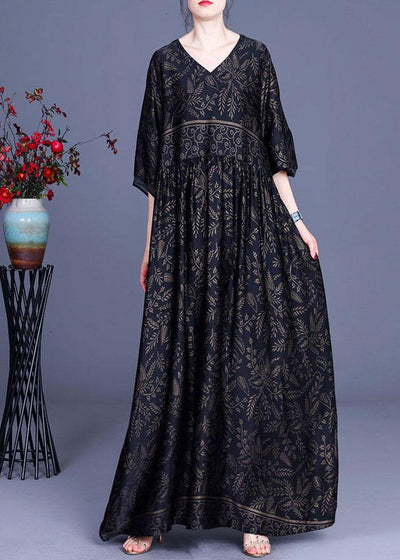 Modern Black Print Silk V Neck Dresses Summer - SooLinen