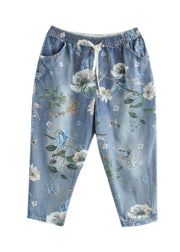 Moderne blaue elastische Taillen-Kordelzug-Taschen bedrucken Baumwoll-Crop-Hosen im Sommer