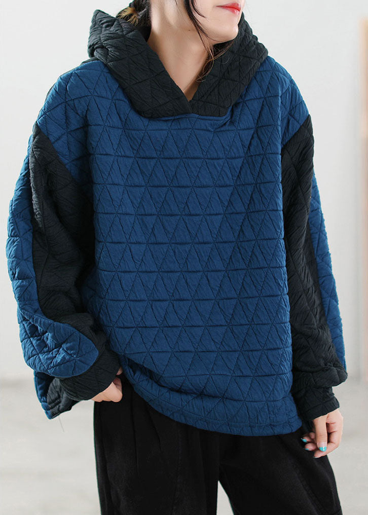 Modernes blaues Patchwork-Sweatshirt aus feiner Baumwolle mit Kapuze Winter