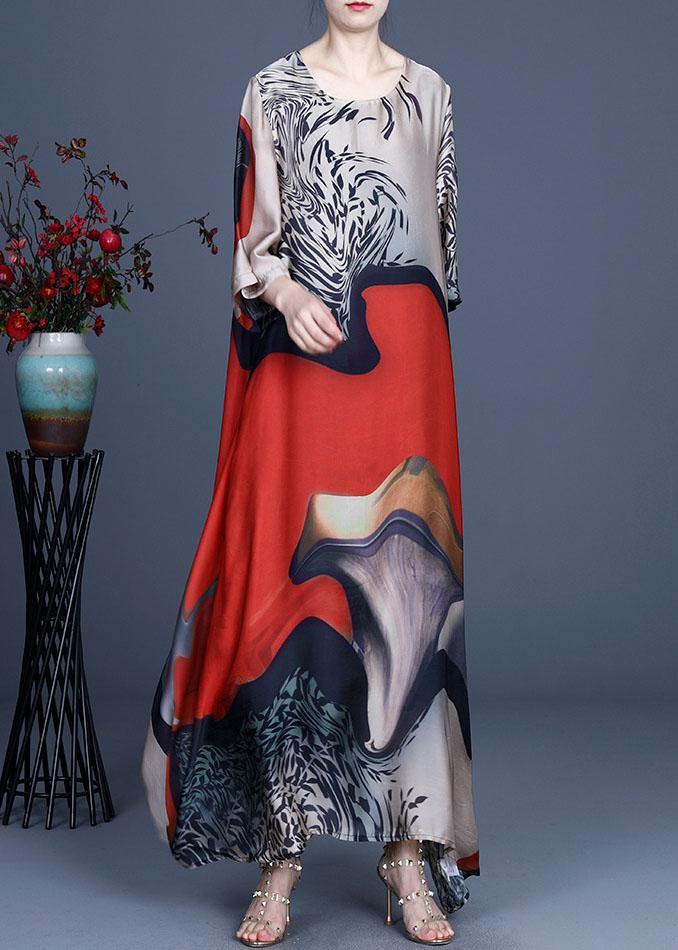Modern Blue Print asymmetrical design Casual Summer Silk Long Dress - SooLinen