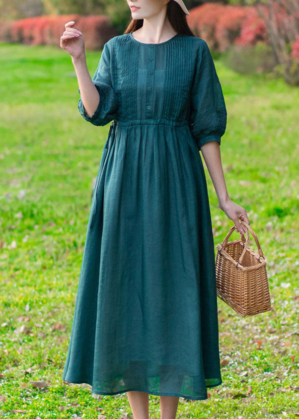 Modern Green O-Neck Wrinkled Button Solid Color Linen Cinch Dress Half Sleeve