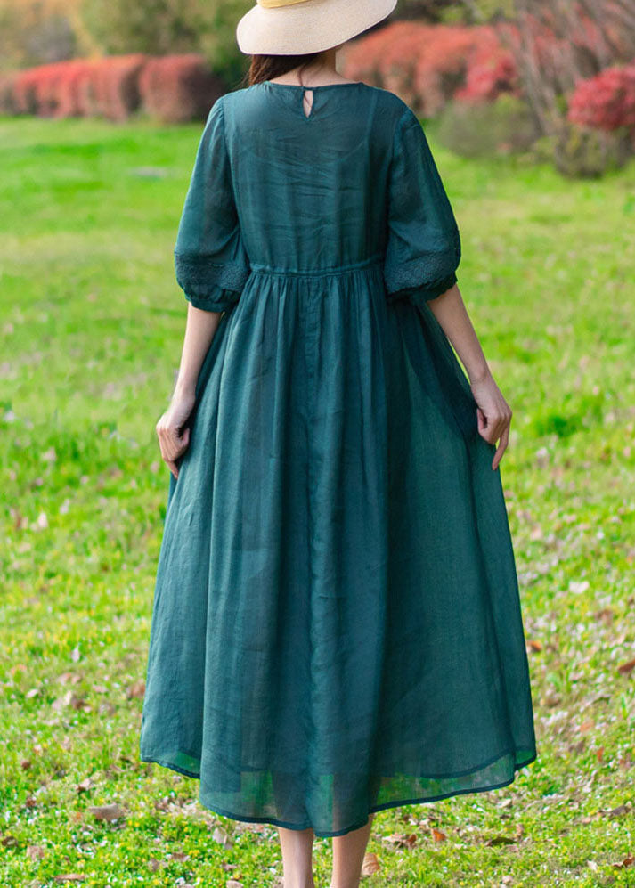 Modern Green O-Neck Wrinkled Button Solid Color Linen Cinch Dress Half Sleeve