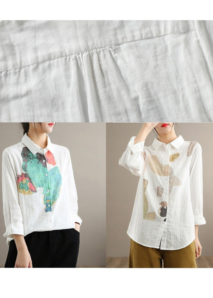 Modern Green Print Blouse Lapel Cinched Tunic Spring Shirts - SooLinen