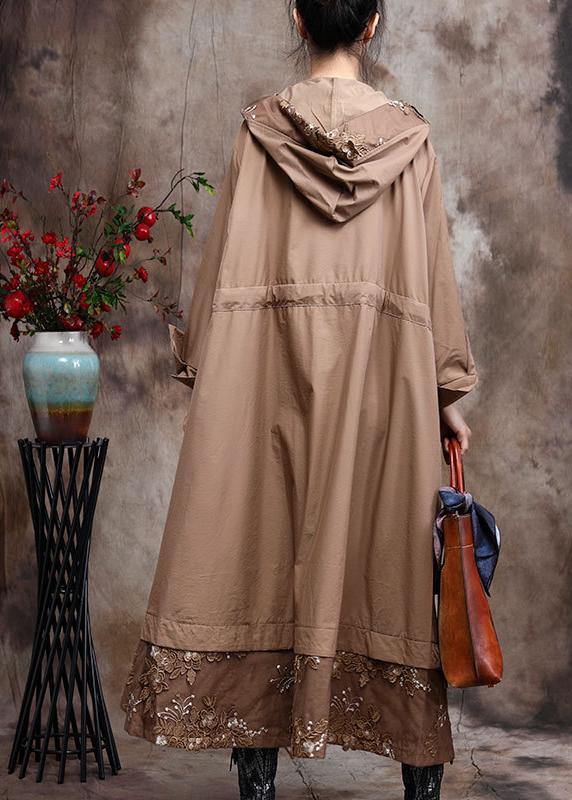 Modern Hooded Plus Size Coat For Woman Khaki Embroidery Trench Coat - SooLinen