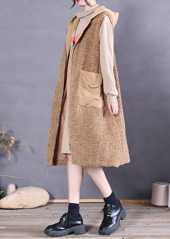 Modern Khaki Hooded Pockets Faux Fur Tank Tops Sleeveless