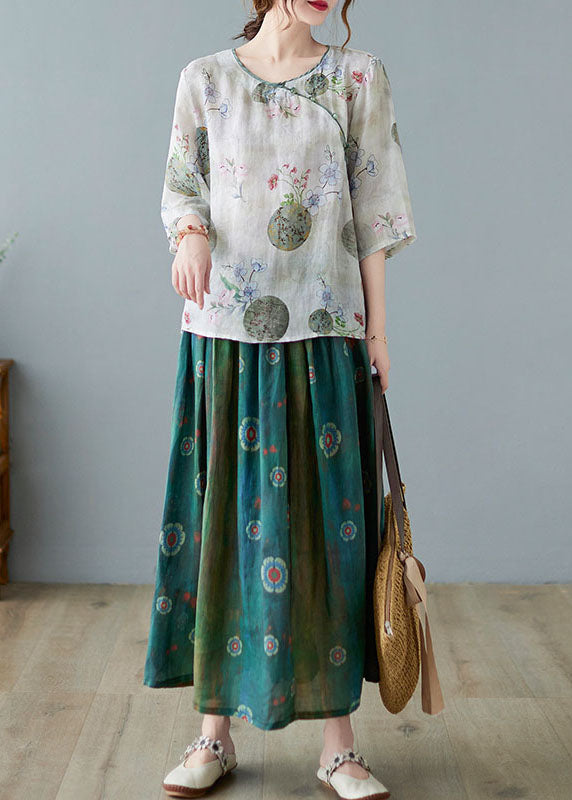 Moderne hellgrüne O-Neck Print Bluse Spring Top