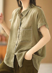 Modern Light Green Peter Pan Collar Pocket Solid Color Blouses Short Sleeve