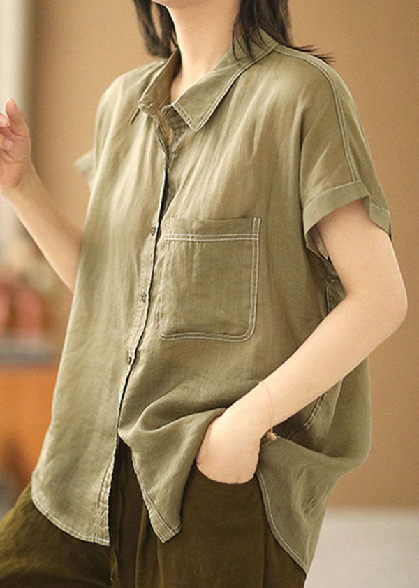 Modern Light Green Peter Pan Collar Pocket Solid Color Blouses Short Sleeve