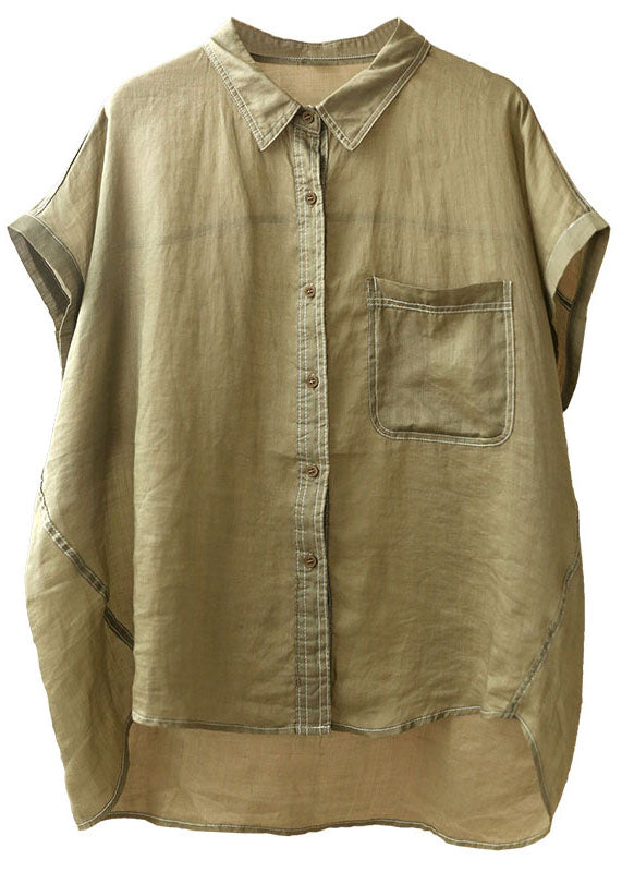 Modern Light Green Peter Pan Collar Pocket Solid Color Blouses Short Sleeve