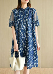 Modern Navy Peter Pan Collar Button Patchwork Tulle Summer Dresses Short Sleeve - SooLinen