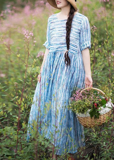 Modern O Neck Patchwork Summer Dress Sewing Blue Striped Maxi Dresses - SooLinen