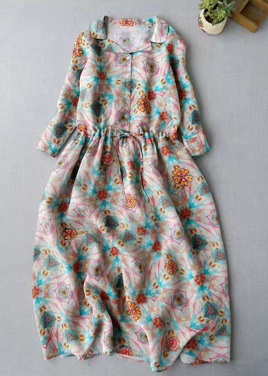 Modernes Leinenkleid mit Peter-Pan-Kragen, Kordelzug und Knopfdruck Dreiviertelärmel