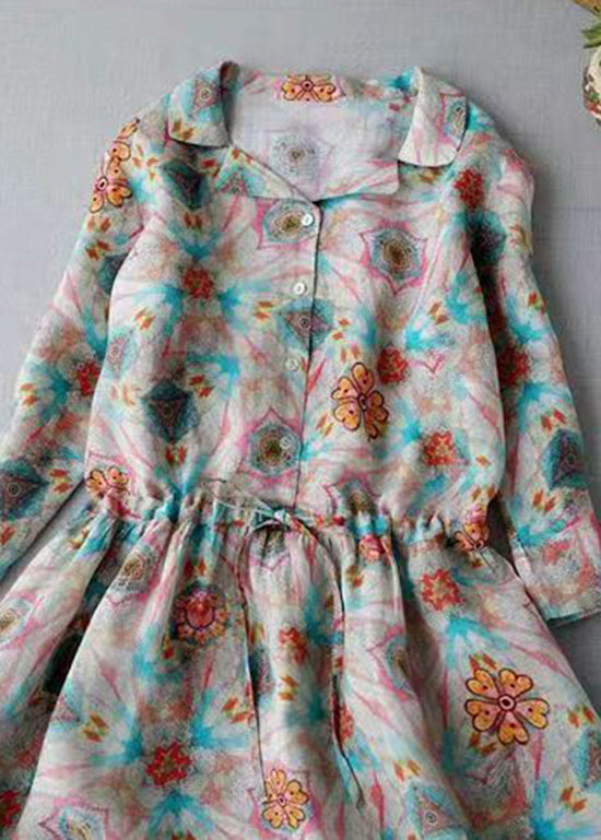 Modernes Leinenkleid mit Peter-Pan-Kragen, Kordelzug und Knopfdruck Dreiviertelärmel