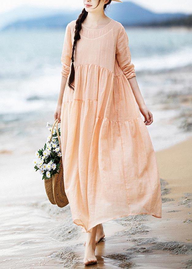 Modern Pink Patchwork Linen asymmetrical design Summer Ankle Dress - SooLinen