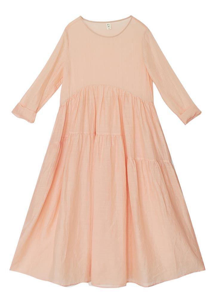 Modern Pink Patchwork Linen asymmetrical design Summer Ankle Dress - SooLinen