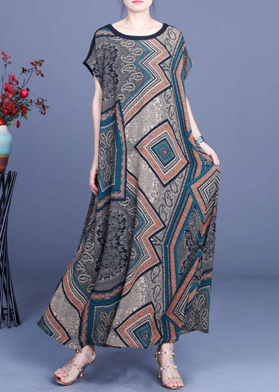Modern Print Silk O-Neck Short Sleeve Summer Mid Dress - SooLinen