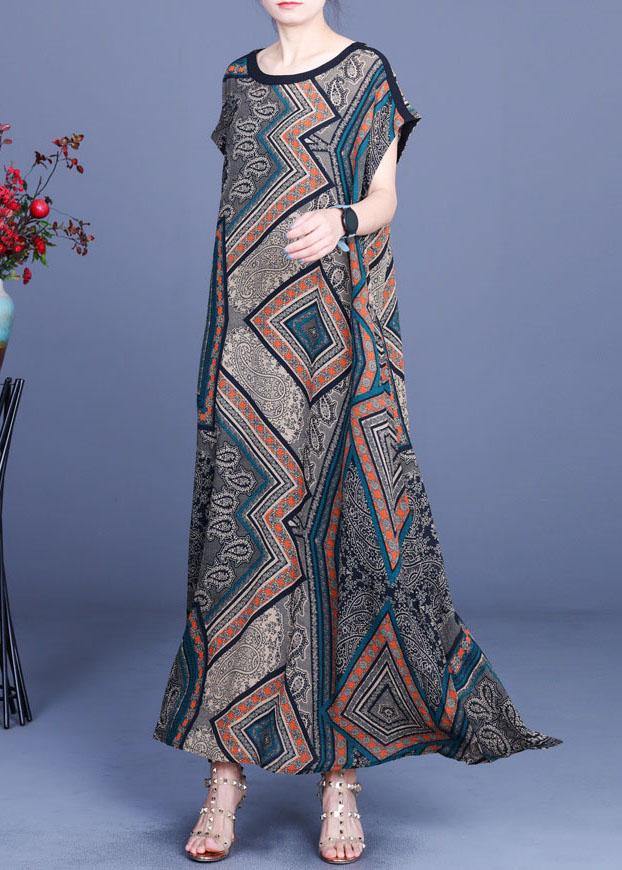 Modern Print Silk O-Neck Short Sleeve Summer Mid Dress - SooLinen