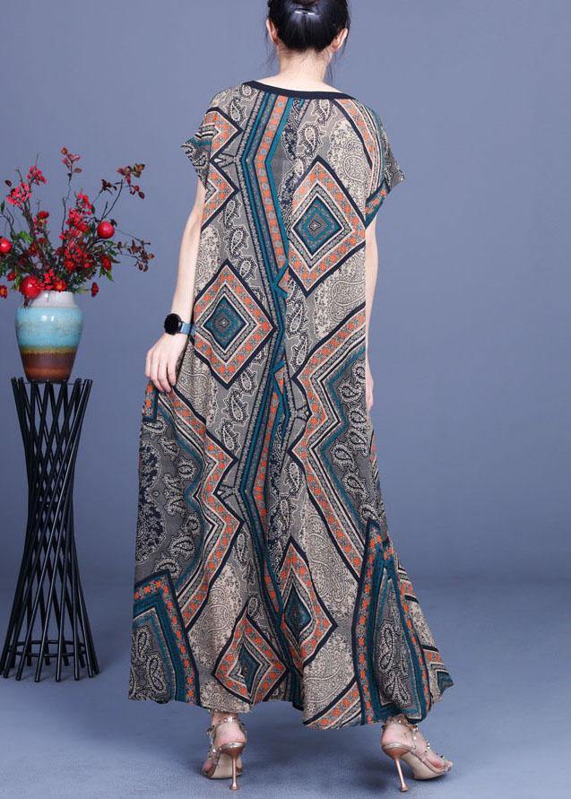 Modern Print Silk O-Neck Short Sleeve Summer Mid Dress - SooLinen
