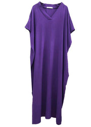 Modern Purple Clothes V Neck Baggy Dresses - SooLinen