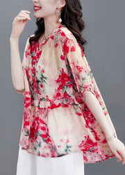Modern Red Print O-Neck Ruffled Chiffon Tops Half Sleeve