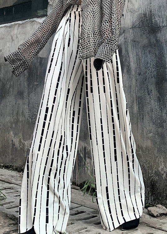 Modern White Asymmetrical Pockets Striped Cotton Pants Spring