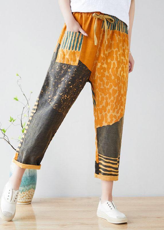 Modern Yellow Retro Colorblock Tie waist Fall Pants Denim - SooLinen