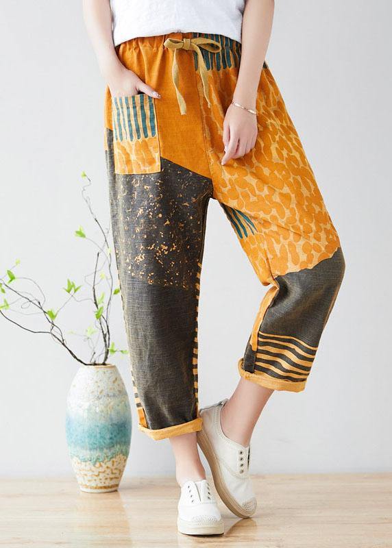 Modern Yellow Retro Colorblock Tie waist Fall Pants Denim - SooLinen