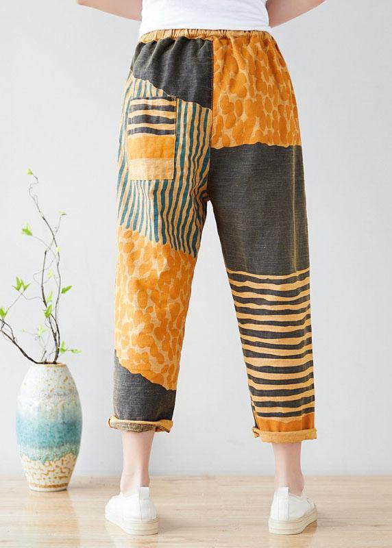 Modern Yellow Retro Colorblock Tie waist Fall Pants Denim - SooLinen