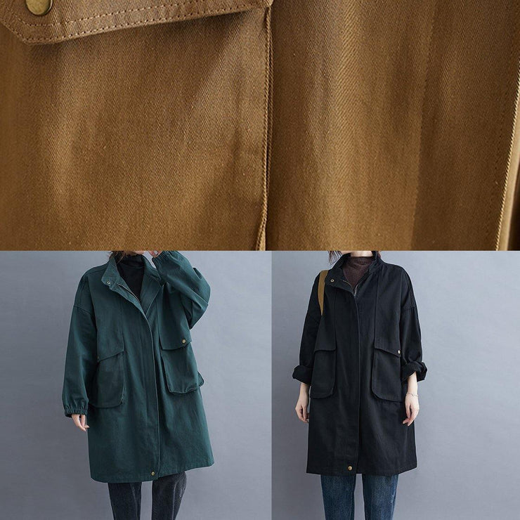 Modern black Fine coats women blouses Neckline stand collar Large pockets outwears - SooLinen