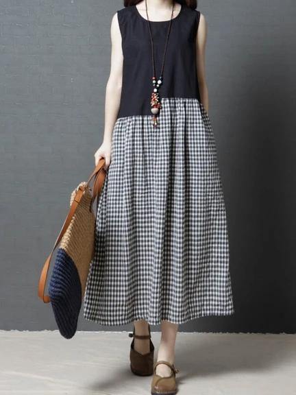 Modern black Plaid cotton linen dresses o neck sleeveless patchwork Maxi Dresses - SooLinen