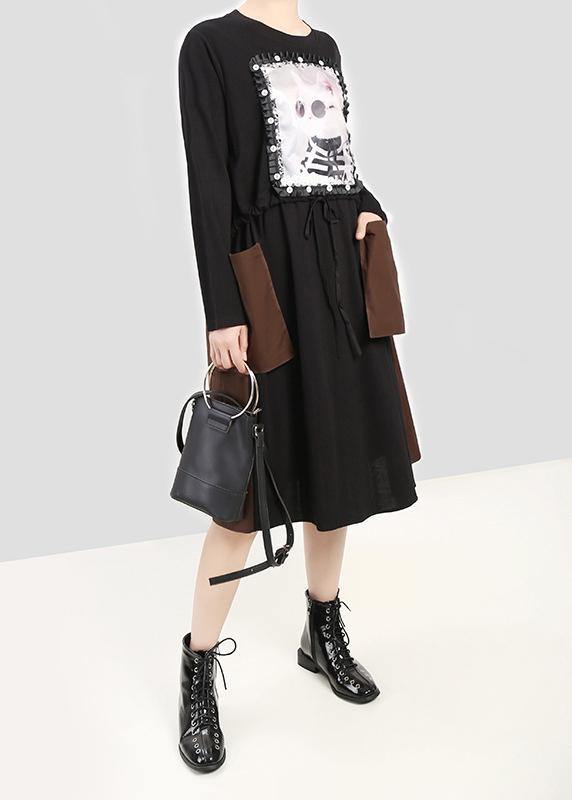 Modern black cotton quilting clothes cat prints Plus Size  patchwork pockets Dress - SooLinen
