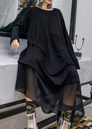 Modern black patchwork cotton tunic top Cinched cotton robes fall Dresses - SooLinen